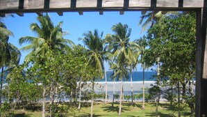 Blick durch ein hölzernes Fenster auf einen tropischen Garten mit Palmen und einen Strand im Hintergrund.