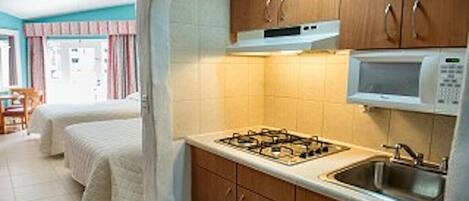 Fridge, microwave, stovetop, electric kettle