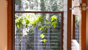 Blick durch ein Fenster mit Metallgitter auf ein bewaldetes Gebiet.