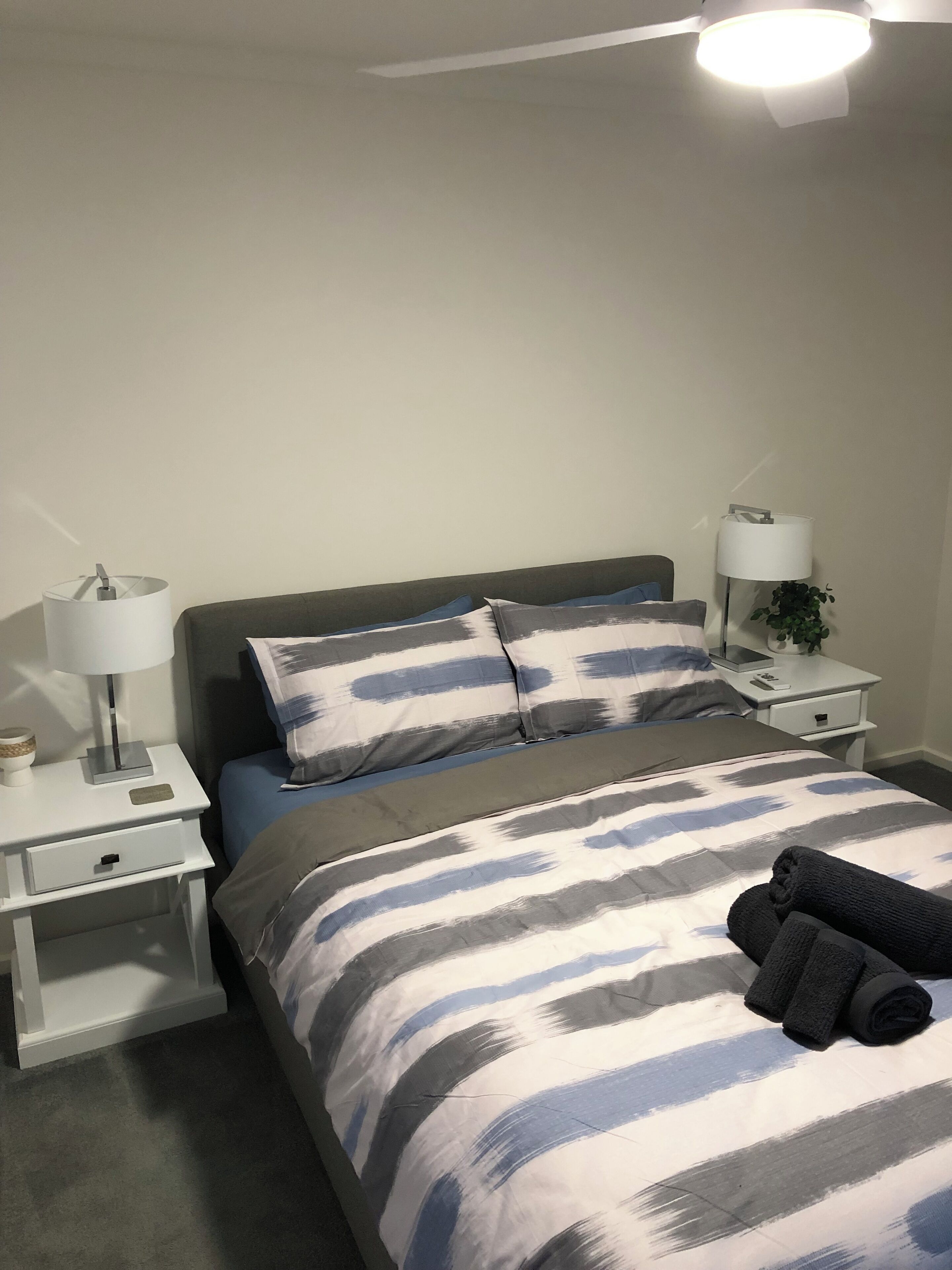 Une chambre à coucher bien rangée, avec un lit, deux tables de chevet, une lampe et une petite plante.