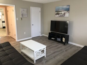 Flat-screen TV, books, stereo