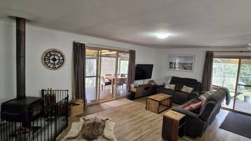 Smart TV, fireplace, video games, DVD player