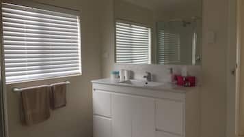 Shower, hair dryer, towels, soap