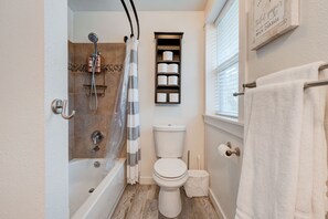 Hair dryer, towels, soap, shampoo