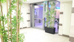 Un hall d’entrée au design moderne, doté d’une porte d’entrée en verre, d’un pot de bambou et d’un sol carrelé.