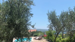 Un camí cap a una zona de piscina envoltada de vegetació i vista a edificis allunyats.