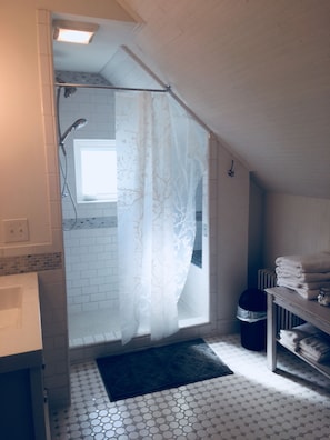 Shower, hair dryer, towels, soap
