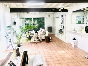 TV, fireplace, books, music library - Mid  Century Modern ZEN  House  with Pool. 50 min from New York City (Stamford)