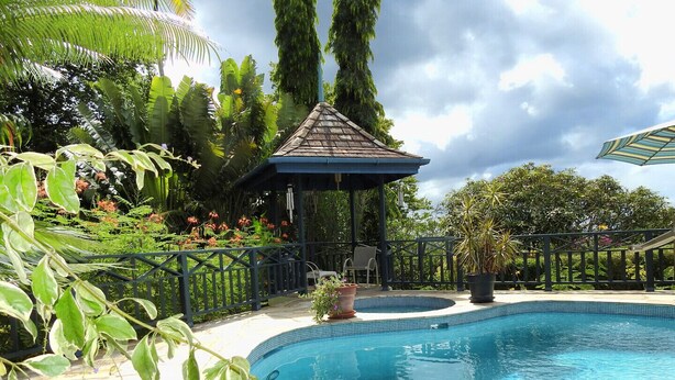 A swimming pool with a gazebo, surrounded by lush greenery and a stone patio. - Mock Turtle is an Enchanting & Affordable Retreat! (Black Rock)