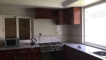 Fridge, oven, toaster, cookware/dishes/utensils