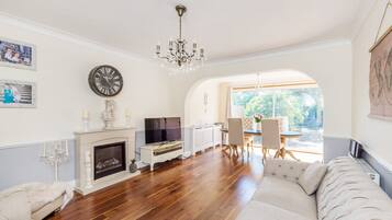 TV, fireplace, DVD player, books