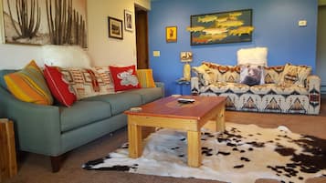 Smart TV, fireplace, DVD player, books