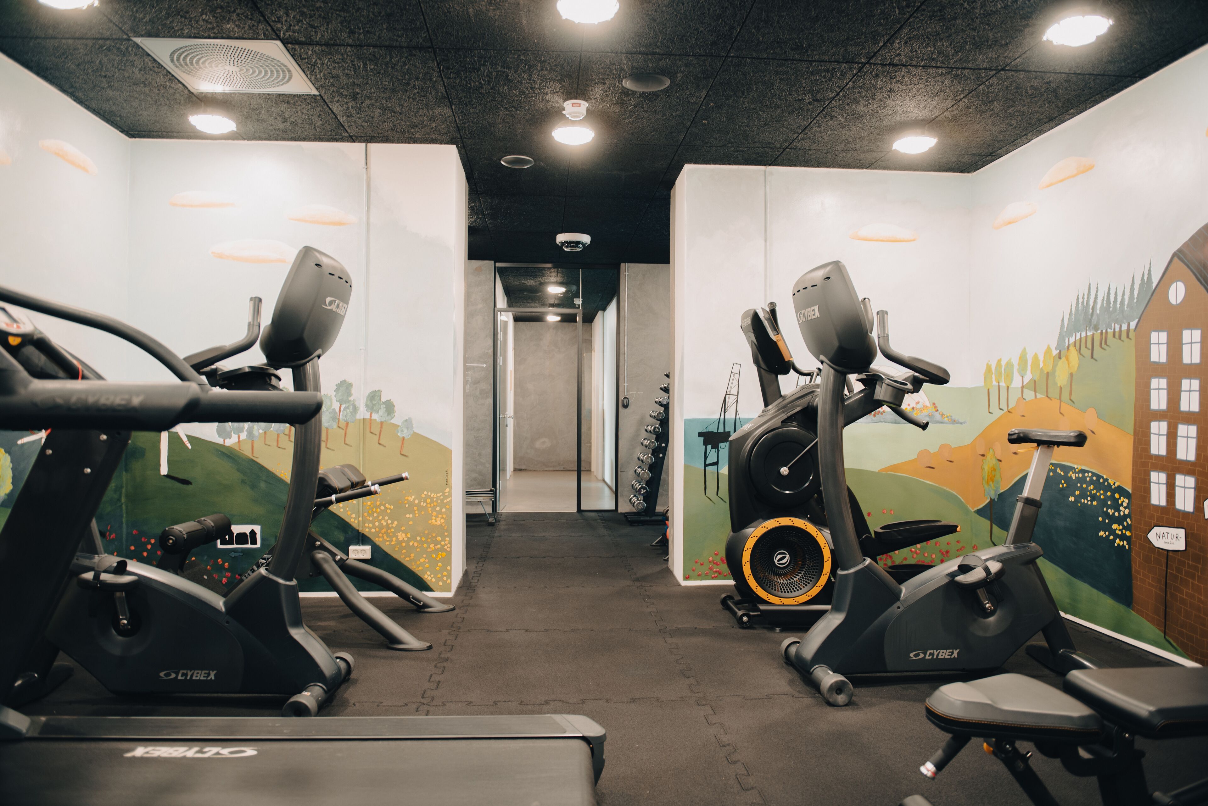 Une salle de sport équipée de vélos d’appartement, de tapis de course et d’un mur recouvert de miroirs.