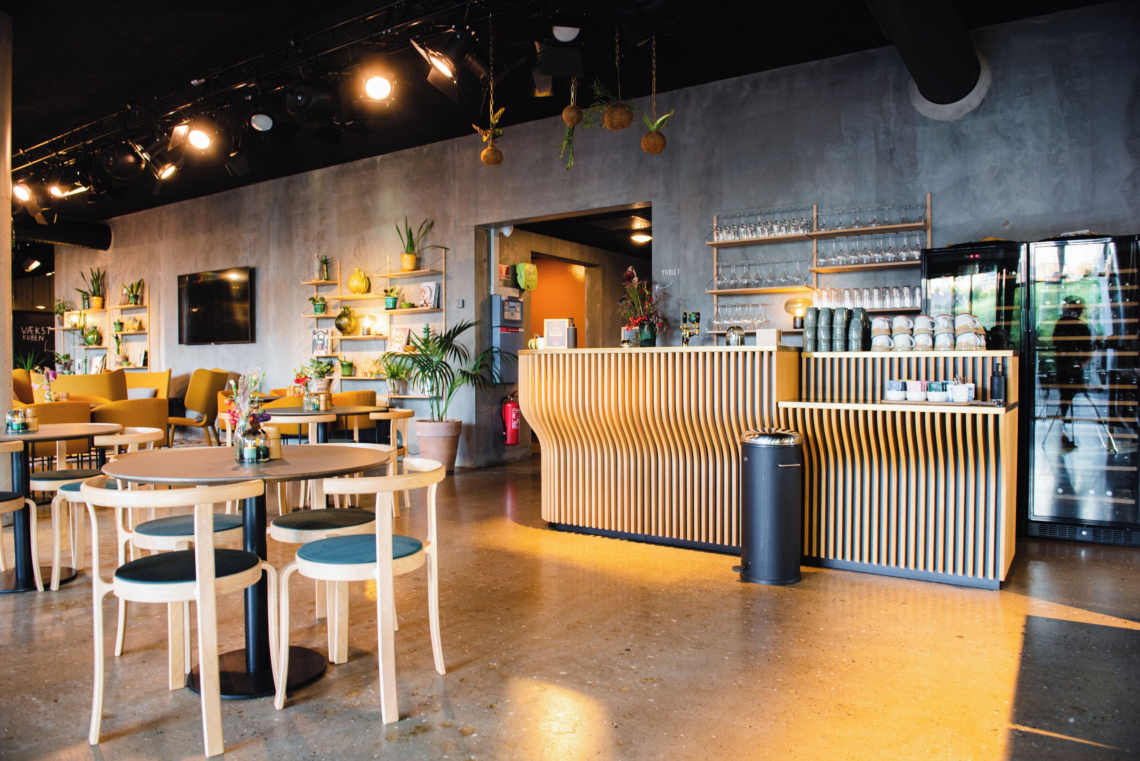 A modern cafe interior with wooden furniture, a bar area, and various plants.