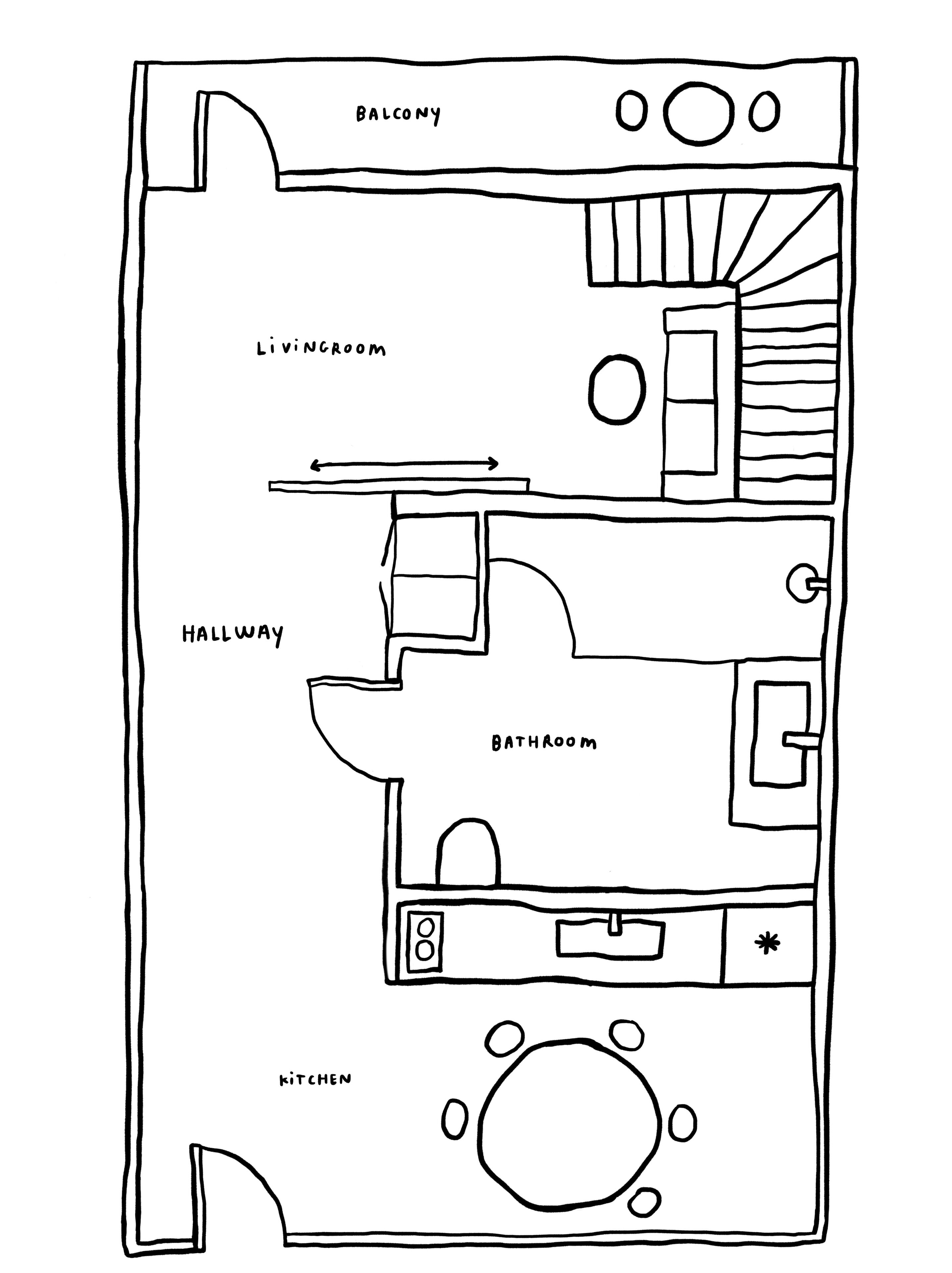 Plano de un hotel que muestra un balcón, sala de estar, pasillo, baño y cocina.
