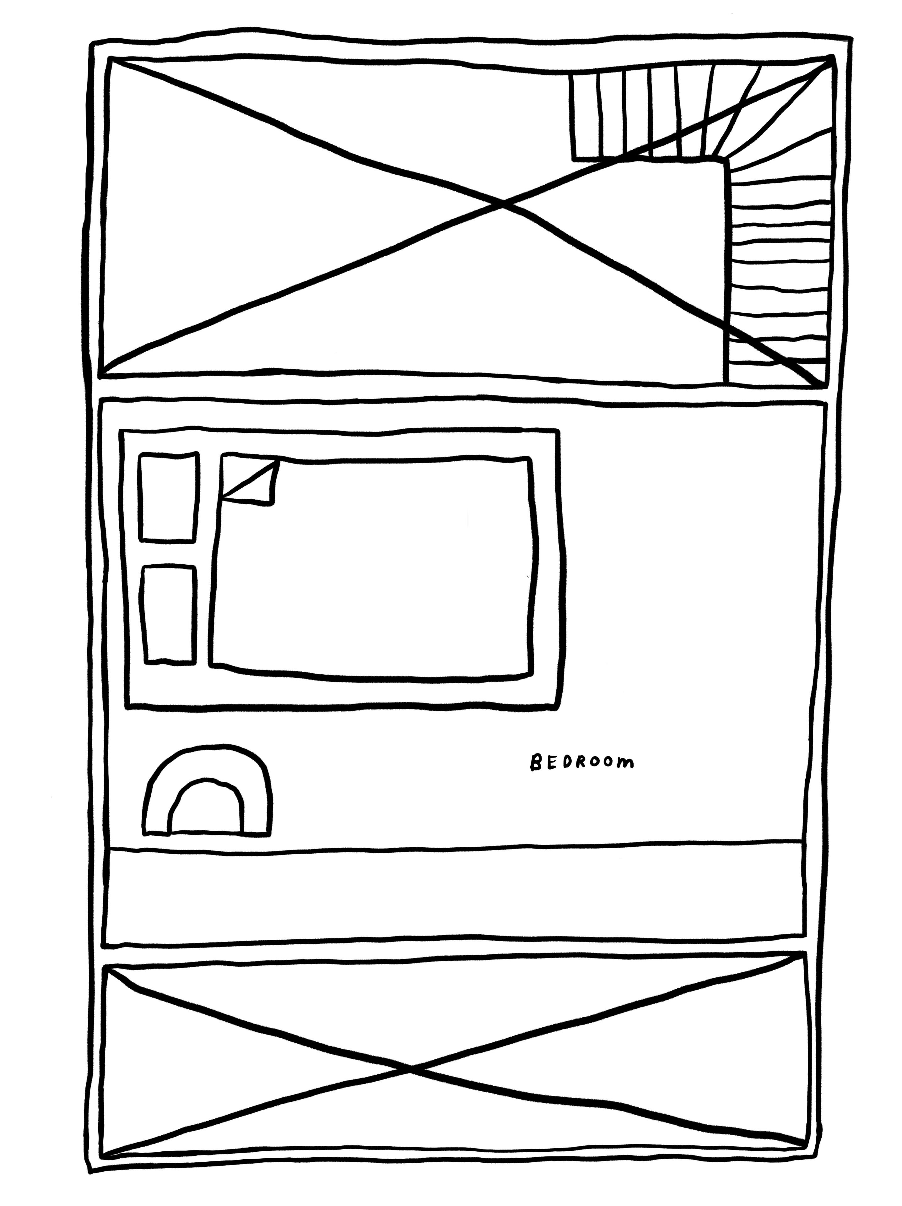 A simple line drawing of a room with a bed, a window, and a door.