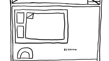 A simple line drawing of a room with a bed, a window, and a door.