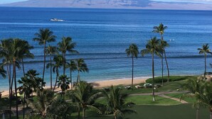 A beach view with palm trees, a golf course, and a boat on the water. - PRICES REDUCED! HYATT RES. CLUB-OCEAN FRONT, MAUI MAY 23-30, & MAY 30-JUNE 6. (Lahaina)