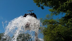 Una fuente de agua con un chorro, rodeada de árboles y un cielo azul despejado.