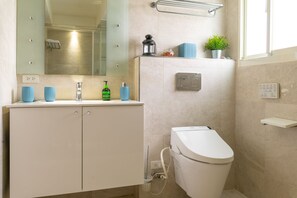 Shower, hair dryer, towels, soap