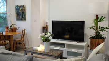 Flat-screen TV, DVD player, books, video library