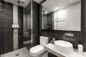 Shower, free toiletries, hair dryer, soap