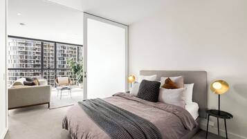 1 bedroom, premium bedding, laptop workspace, iron/ironing board