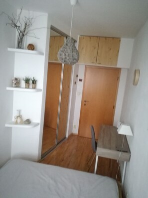 1 bedroom, desk, iron/ironing board, travel cot