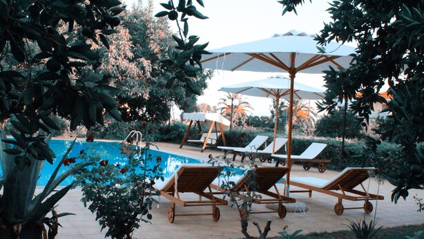 Un espace piscine agrémenté de chaises longues et de parasols, le tout entouré de verdure.