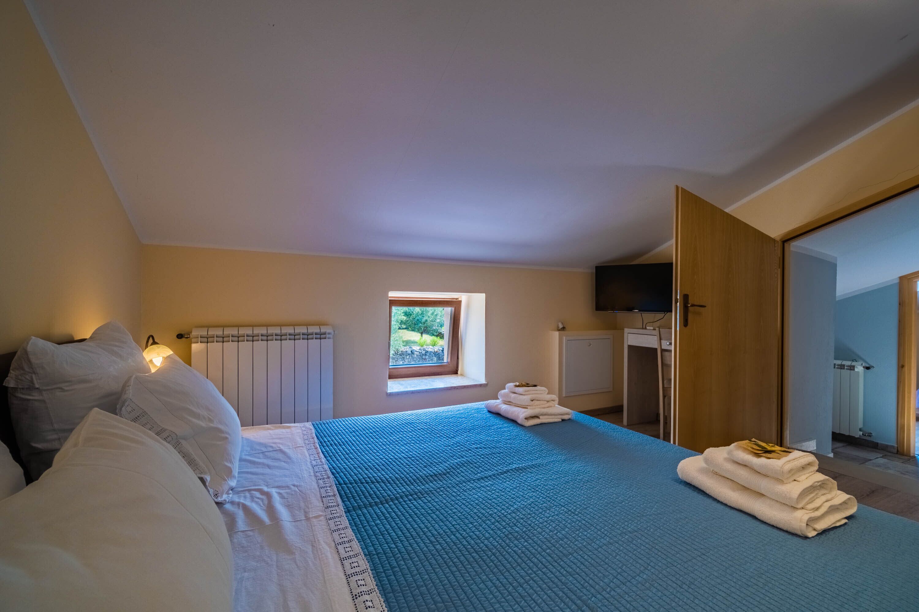 Une chambre avec un grand lit, une fenêtre, un radiateur et un téléviseur.