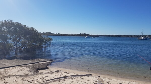En strand med klart vatten, en båt och ett träd.