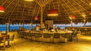 A beachside bar with a thatched roof, outdoor seating, and a view of the ocean. - Amazing 360 views over the Caribbean Sea, 12 guests and private pool (Sint Willibrordus)