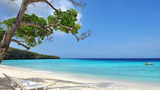 A beach with white lounge chairs, clear turquoise water, and a boat in the distance. - Amazing 360 views over the Caribbean Sea, 12 guests and private pool (Sint Willibrordus)