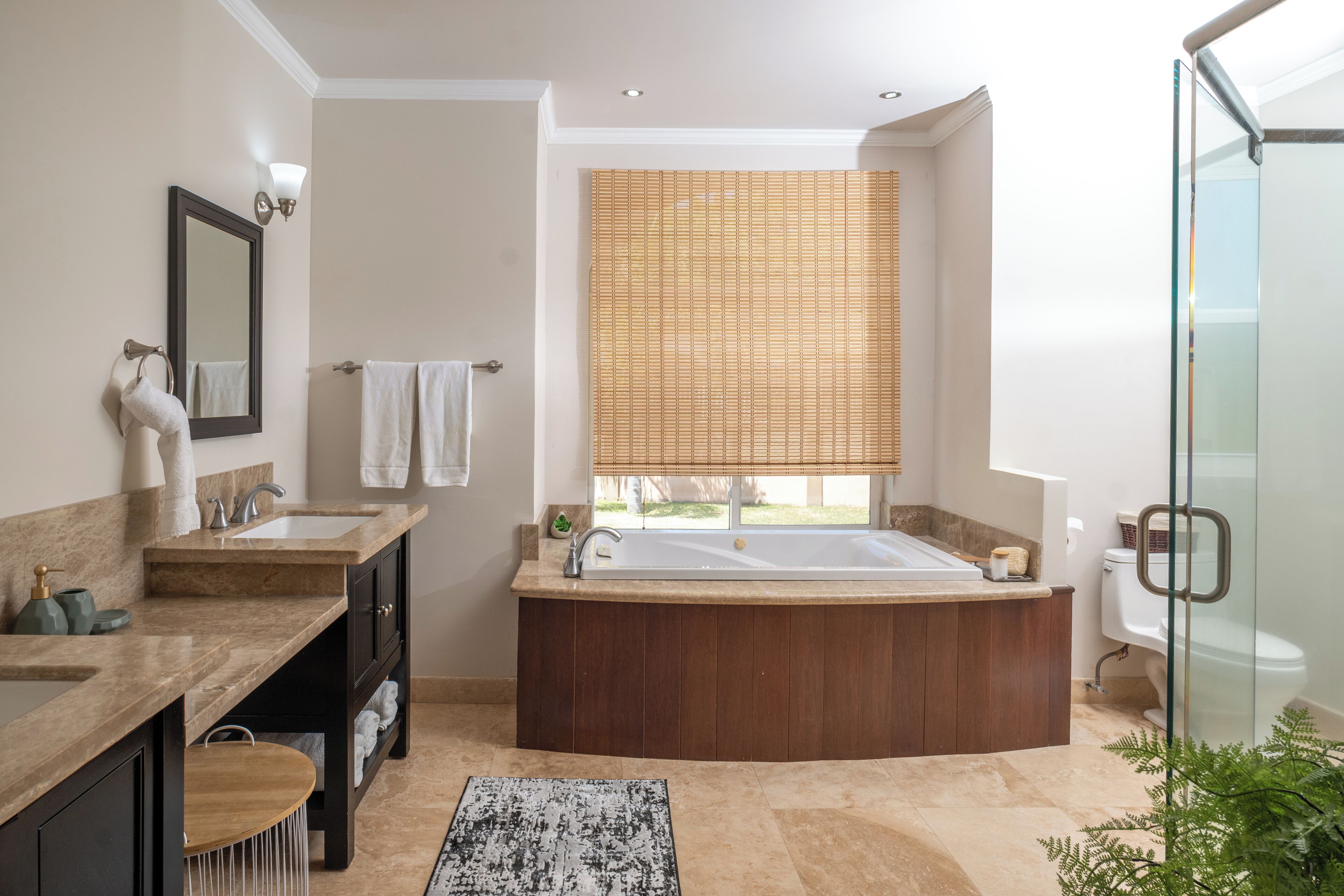 Combined shower/tub, jetted tub, towels, soap