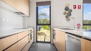 A modern kitchen with wooden cabinets, a stainless steel dishwasher, and a window overlooking a construction site. - Chilam B embraces open plan living with a combined kitchen/ dining/ living area (Jindabyne)