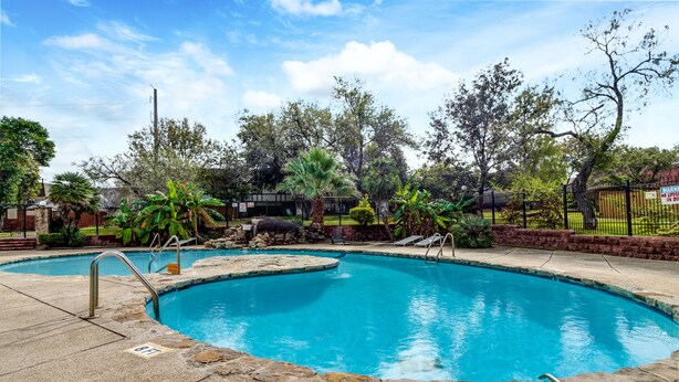 Ein Swimmingpool mit Steinbord, umgeben von einem Zaun und Bäumen.