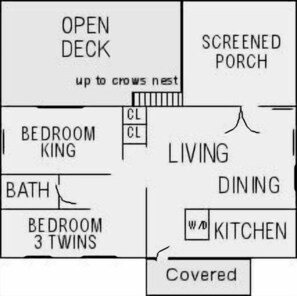 Grundriss mit offener Terrasse, überdachter Veranda, Schlafzimmer mit Kingsize-Bett, Wohnzimmer, Essbereich, Küche und überdachtem Bereich.