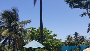 A poolside area with lounge chairs, a thatched umbrella, and a clear view of the water. - Spectacular Views at the Lakehouse Paradise!! (Toa Baja)