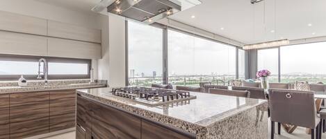 Fridge, microwave, oven, stovetop