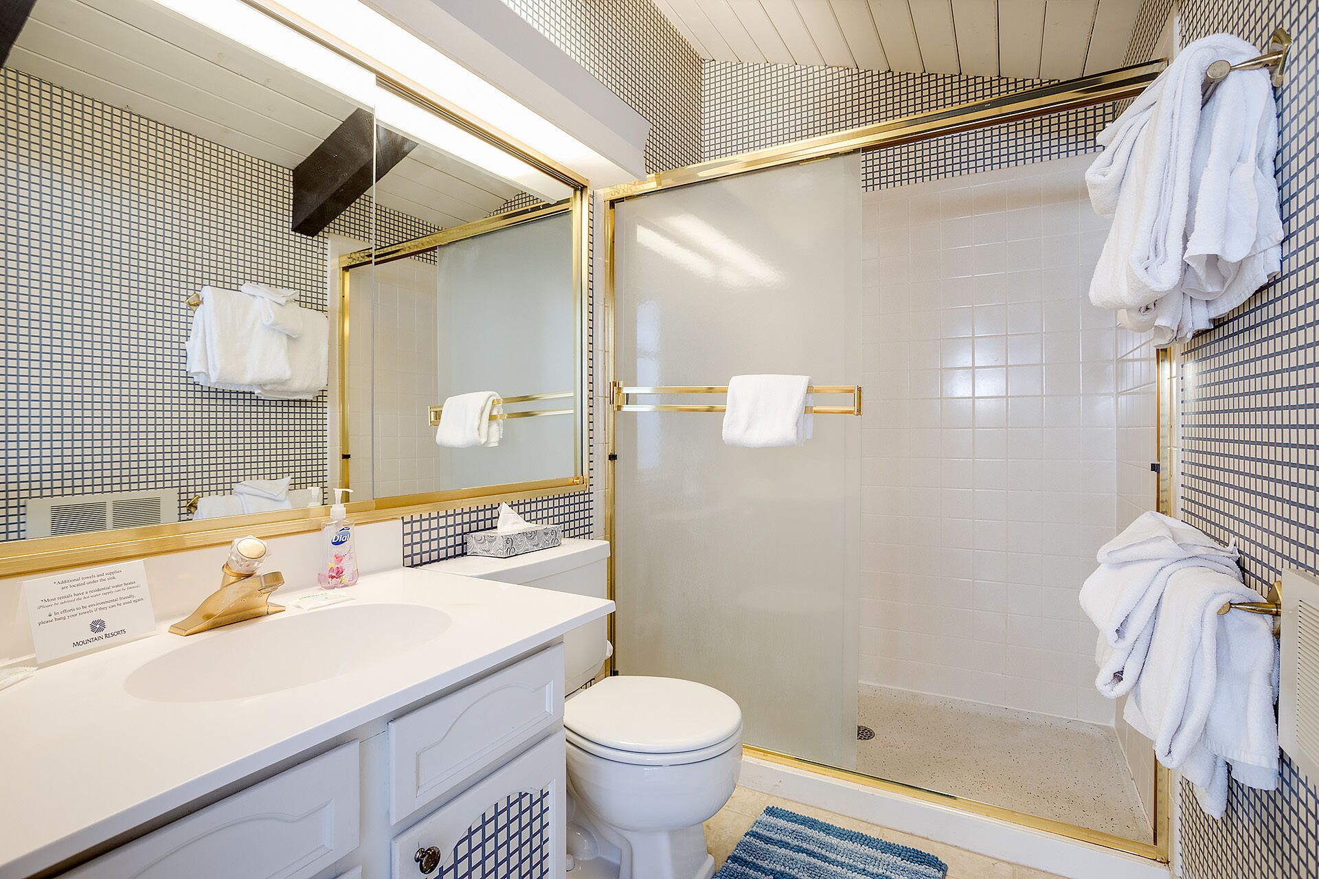 A bathroom with a white sink, a toilet, a glass-enclosed shower, and a large mirror with a gold frame.