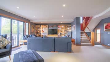 Smart TV, fireplace, DVD player, ping pong