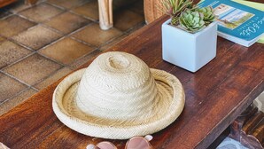 Una silla de mimbre con un cojín estampado, una pequeña maceta, una pila de libros, un sombrero tejido y un par de gafas de sol sobre una mesa de madera.