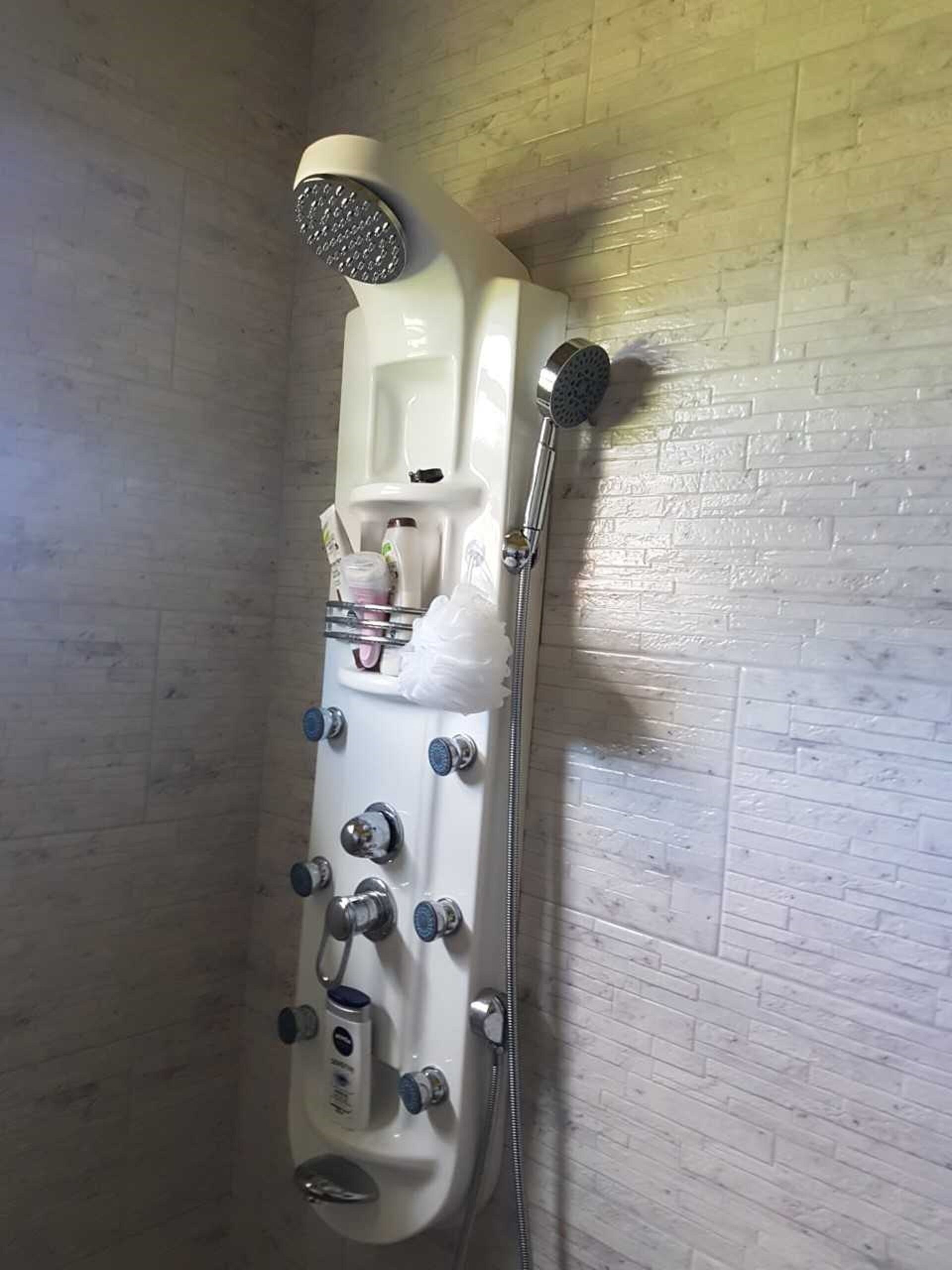 Combined shower/tub, hair dryer, towels