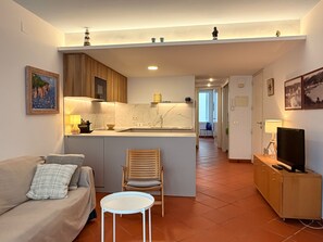 A compact living space with a kitchenette, a sofa, a chair, a TV, and a small table.
