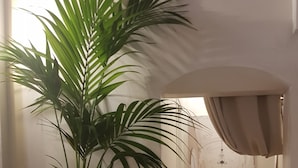 Ein Flur mit einem Blumentopf, einem kleinen Tisch und einem Bett am Ende.