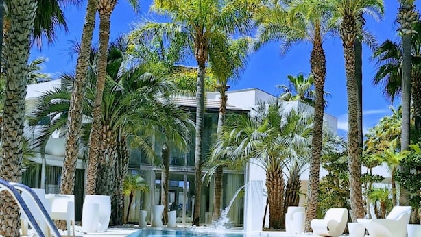A pool area with palm trees, a clear blue sky, and a modern building in the background.