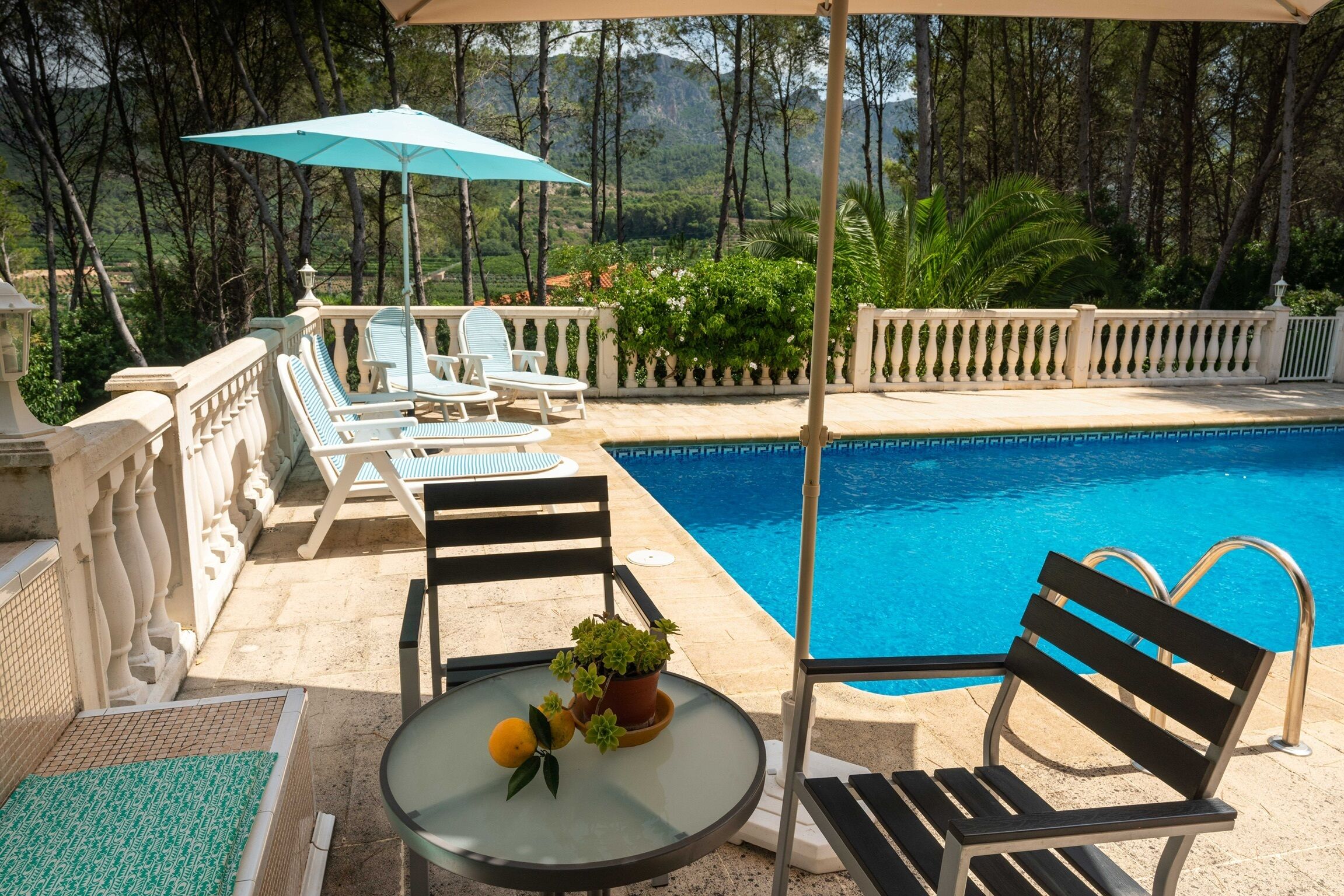 Piscine extérieure, chaises longues