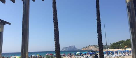 Escena de playa con palmeras, sombrillas y gente disfrutando.