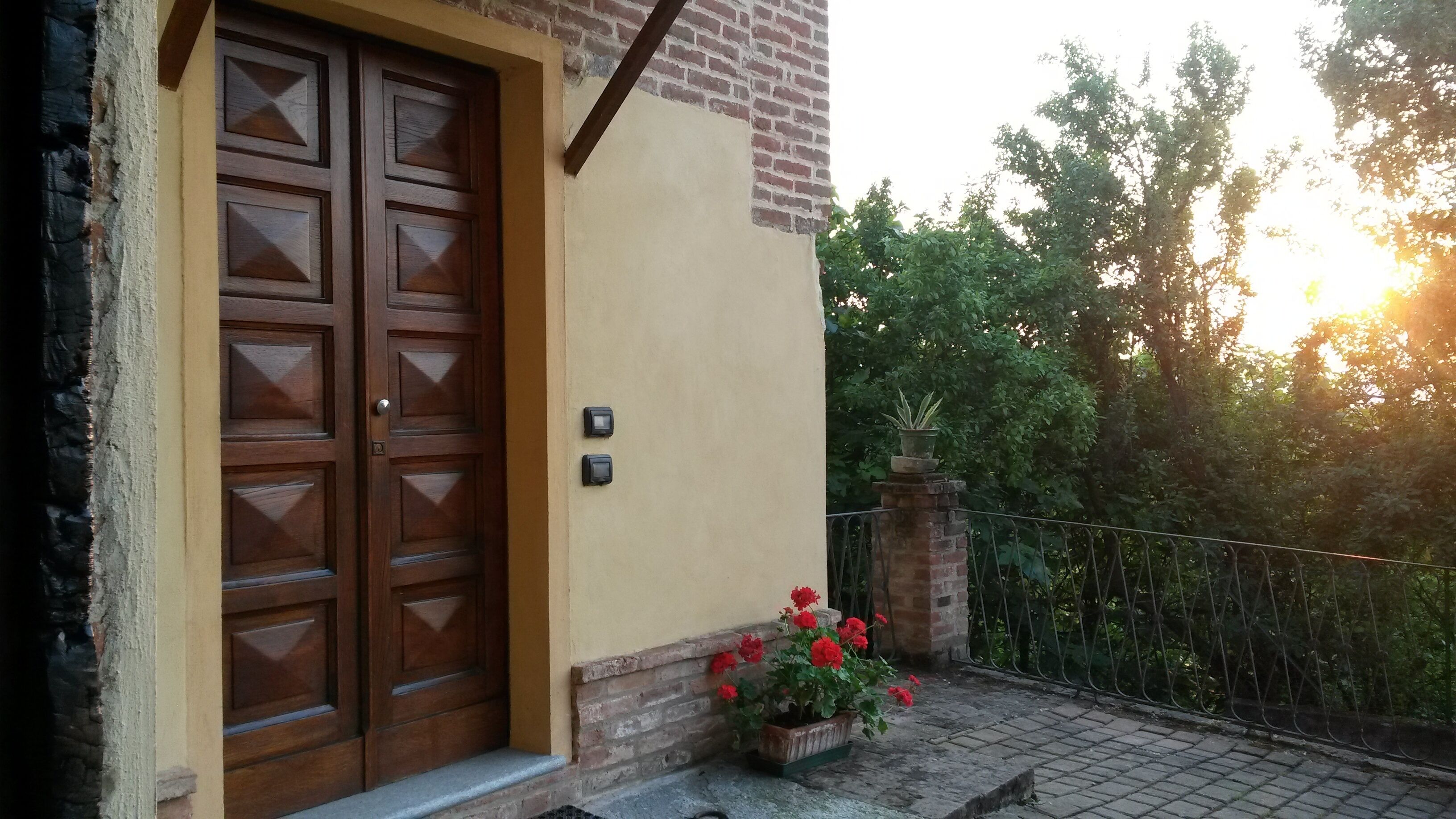 A wooden double door with a small step leading up to it, a potted plant with red flowers, and a brick wall.