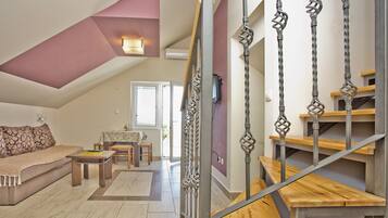 Télévision, cheminée, lecteur de DVD, table de tennis de table